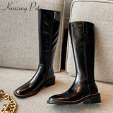 Krazing Pot new simple style split leather winter boots leisure square toe thick med heel zipper beauty lady knee-high boots L91