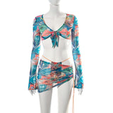 Amozae-- Floral Print   Bikini Set Women Long Sleeve 2 Piece Swimsuit And Skirts Cover Up   Beach Wear Swimwear Bathing Suit