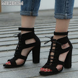 Spring Women Pumps Black Suede Fabric Cross Strap Platform High Thick Heel Hollow Sandals Ladies Shoes Wedding Lace Up Open Toe
