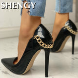 SHY Fashion Leopard Pointed Toe Metal Chain Thin Heels Snakeskin   Party Women Shoes Rome Design Thin Heel Female Dress Shoes