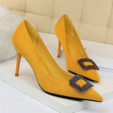 2023 Women 8.5cm High Heels Blue Pumps Pointed Toe Elegant Lady Shoes Crystal Scarpins Yellow Prom Jeans Wedding Bridal Heels
