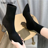 Women Socks Ankle Boots Kintting Ladies High Heels Ladies Winter Stretch Fabric Pointed Toe Shoes Fashion 2021 Female Footwear