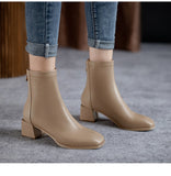 2021 New Autumn Women Leather Ankle Boots Fashion Female Mid Thick Heels Elegant Lady White Black Apricot Square Toe Zip Shoes