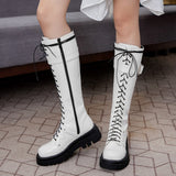 Amozae Fashion Fur Winter Boots Women Shoes Women's Knee High Boots Platform Lace Up Buckle Black White Long Combat Boots Shoes