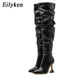 Amozae- New Design Pleated Leather Over The Knee Boots Fashion Runway Strange High Heels   Pointed Toe Zip Womans Shoes