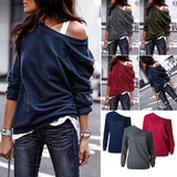 Amozae  Back to school  Autumn Blouse One Shoulder Tops Solid Shirt Female Clothes Outwear Casual Female Knitted Loose Shirts Women Long Sleeve