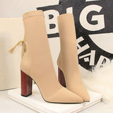 2021 Women Stretch Chunky Boots Block 9.5cm High Heels Fetish Green Ankle Boots Stripper Block Heels Silk Satin Spring Shoes