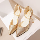 Graduation Gift Big Sale     Pointed Toe Wedding Bride High Heels Shoes Female Low Small Heel Sandals Party Office Gold Silver Women Pumps