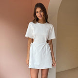 Back to college Женское Платье Spring   New O-Neck Adjustable Side Cutout White Mini Dress   Hollow Out Drawstring Ladies Vestido