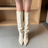 Back to College Krazing pot 2022 genuine leather pointed toe high heels slip on winter shoes nightclub party pleated solid knee high boots L85