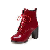 Amozae Lace up Ankle Boots For Women 2022 Winter Autumn Women's Ankle Boots Fashion Patent Leather Red Black Blue Shoes Lady Large size