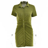 Amozae Short Sleeve Ruched Bodycon Dresses For Women   Summer   Mini Dress Blue Green Turn-Down Collar Button Up Shirt Dress