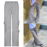 Amozae  Khaki Side Big Pockets Wide Leg Straight Jeans Women Solid Casual Oversized Baggy Denim Pants Mom Street Cargo Pants