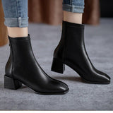 2021 New Autumn Women Leather Ankle Boots Fashion Female Mid Thick Heels Elegant Lady White Black Apricot Square Toe Zip Shoes