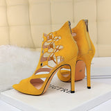 Amozae-2024 Women Fetish Stripper Sandals Ankle Boots 10.5cm High Heels Lace Up Gladiator Gladiator Peep Toe Yellow Summer Blue Shoes