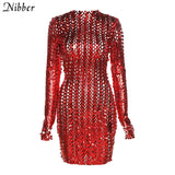 Fashion Weave Cross Hollow Shining See-through Mini Dresses   Backless Ruched Club Long Sleeve Mesh Dress Summer  -0519