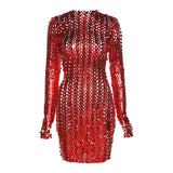 Fashion Weave Cross Hollow Shining See-through Mini Dresses   Backless Ruched Club Long Sleeve Mesh Dress Summer