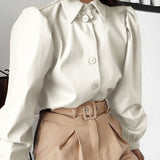 Amozae-- Turn-Down Collar Casual Streetwear Woman Fashion Button Brown Leather Blouse Shirt Puff Long Sleeve Tops And Blouse 1117