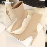 Amozae- 2024 Winter Fashion Women Boots Beige Pointed Toe Elastic Ankle Boots Heels Shoes Autumn Winter Female Socks Boots