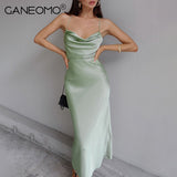 Amozae--Satin Midi Dresses for Women Elegant Ruched Party Evening Bodycon Slip Long Dress   Summer Spaghetti Strap Club Outfits