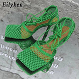 Amozae   Green Mesh Pumps Sandals Female Square Toe high heel Lace Up Cross-tied Stiletto hollow Dress shoes size 35-42