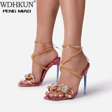 Summer Sandals Shoes for Women Party Cross-Tied Rome Classics Lace-up Concise Mixed Colors Peep Toe Chain Serpentine Pvc