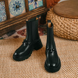 Amozae Hot Genuine Leather Women Boots Fashion Chain Fastener Chelsea Boots Round Toe Chunky Heel 2023 Winter ANKLE Boots Women Shoes
