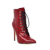 Amozae   Ankle Cowboy Boots For Women Shoes Fashion Snake Red White Boots Women Lace Up High Heel Short Boot Autumn Large Size 46 48