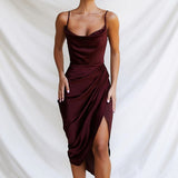 Amozae--Satin Midi Dresses for Women Elegant Ruched Party Evening Bodycon Slip Long Dress   Summer Spaghetti Strap Club Outfits