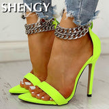 Amozae-Back to College New Women Office Pumps Metal Decoration Chain Buckled Open Toe Thin Heels Sandals  Leopard Chain Buckled Fashion Stylish Shoes