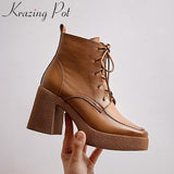 Amozae-Krazing Pot superstar cow leather square toe thick bottom platform winter shoes lace up vintage nightclub dress ankle boots L8f6