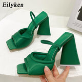 Amozae- Silk Green high heels Sandals Fashion Open Toe Triangle Square Heels Back Strap Women Sandals Dress Shoes