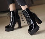 Amozae  2022 Thick High Heeled Female Patent Leather Ankle Boots Round Toe Lace-Up Zipper Women Short Boots Gothic Women Shoes
