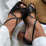 Amozae  Mid Heel Sandals Summer Handmade Ladies Heels Mixed Colors Women Slip-On Peep Toe Ladies Pumps Square Heel Casual Shoes