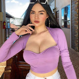 Amozae-   Women Low Cut Shirts Female Pullover Solid Deep V-neck Long Sleeve Crop Tops Short Elastic Shirts Blouses-0505