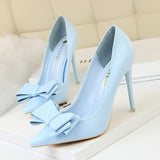 Amozae Autumn Heel Shoes Pink Heels Woman Blue Sweet Bow Women White High Heels Matte Leather Pumps Thin Heel Pointed Ladies high heels A2