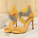 2023 Women 10cm High Heels Platform Sandals Wedding Bridal Stiletto Yellow Fetish Strappy Stripper Shoes Crystal Summer Sandles