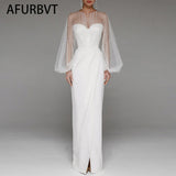 Evening Dress Long Puff Sleeve White Gray Formal Dress Split Fork O-neck Party Prom Dress High-Waist Elegant Robe De Soriee