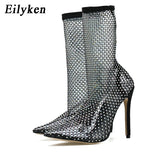 Amozae- New Design Crystal Rhinestone Mesh Stretch Fabric Sock Boots Fashion PVC Transparent Pointed Toe Shoes   High Heels