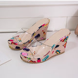 Women Wedges Slippers High Heels Platform Casual Ladies Slides Summer Retro Transparent Floral Thick-Sole Slippers Ethnic Style