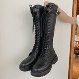 Women Mid Calf Boots Ladies PU Leather Shoes Woman Lace up Fashion Thick Bottom Motorcycle Long Boots Female Non Slip Spring New