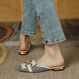 Amozae  Women's Slippers Retro Houndstooth Tassel Casual Shoes for Woman Summer Outdoor Ladies Slides Metal Buckle Low Heel Sandals