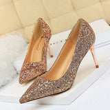 2023 Women 7cm 9.5cm High Heels Sequins Glitter Luxury Designer Pumps Plus Size 43 Wedding Bridal Gold Valentine Scarpins Shoes