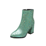 Amozae Luxury Bling Sequined Ankle Boots Women Fashion Square High Heels Autumn Winter Short Boots Gold Silver Green Party Shoes Ladies