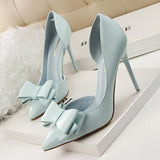 Amozae- Women Shoes Pumps 2024 PU Fashion Show Sweet Bowknot High Heels Stiletto High Heel Shallow Mouth Pointed Side Hollow Shoes