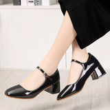 Amozae  2022 New Women Dress Shoes Medium Heels Mary Janes Shoes Patent Leather Pumps Ankle Strap Ladies Shoe Office Zapatos Mujer E875
