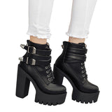 Amozae  Spring Autumn Fashion Women Boots High Heels Platform Buckle Lace Up Leather Short Booties Black Ladies Shoes Promotion