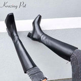 Amozae-Krazing Pot genuine leather big size thick handsome long boots med heel square toe women keep warm riding knee-high boots L0f8