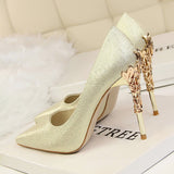 Amozae Graduation Gift Big Sale Metal Carved Thin Heel High Heels Pumps Women Shoes     Pointed Toe Ladies Shoes Fashion Candy Colors Wedding Shoes Woman