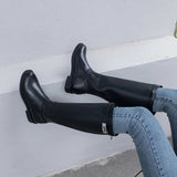 Amozae-krazing pot Winter round toe cow leather metal buckle decoration keep warm plus size thick low heels riding knee-high boots l13